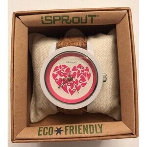 SPROUT eco-friendly watch Pink Hearts White Resin Case w Tan Cork Strap NIB